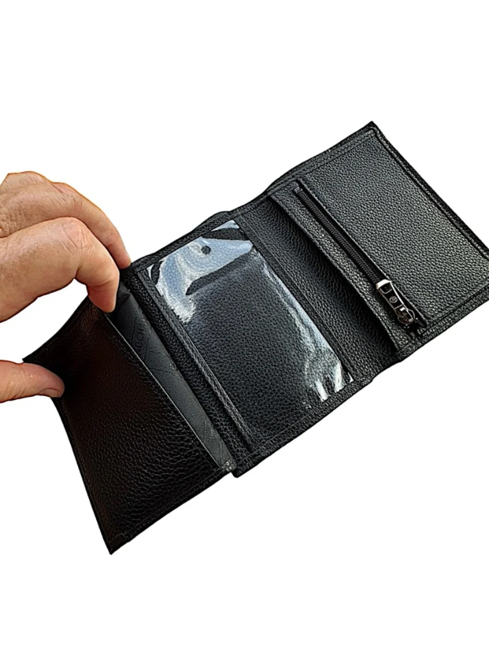 LONGCHAMP Mens Leather Le Foulonné Trifold Wallet 3.5”x5” Black